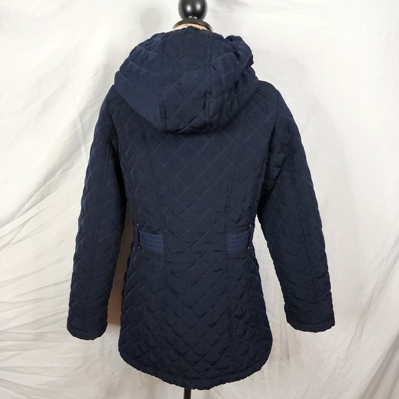 LAUNDRY by SHELLI SEGAL Size Medium Navy Blue Quilted Removable Hood Winter Coat - Picture 5 of 9